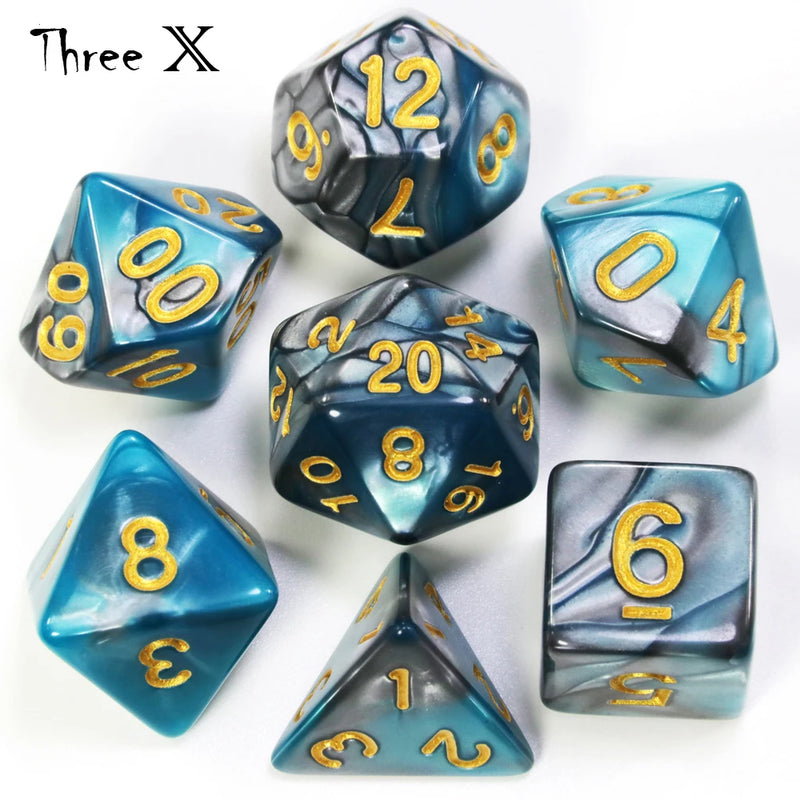🎲 Double-Color Polyhedral Dice Set with Gold Numbers + Pouch (7pcs)
