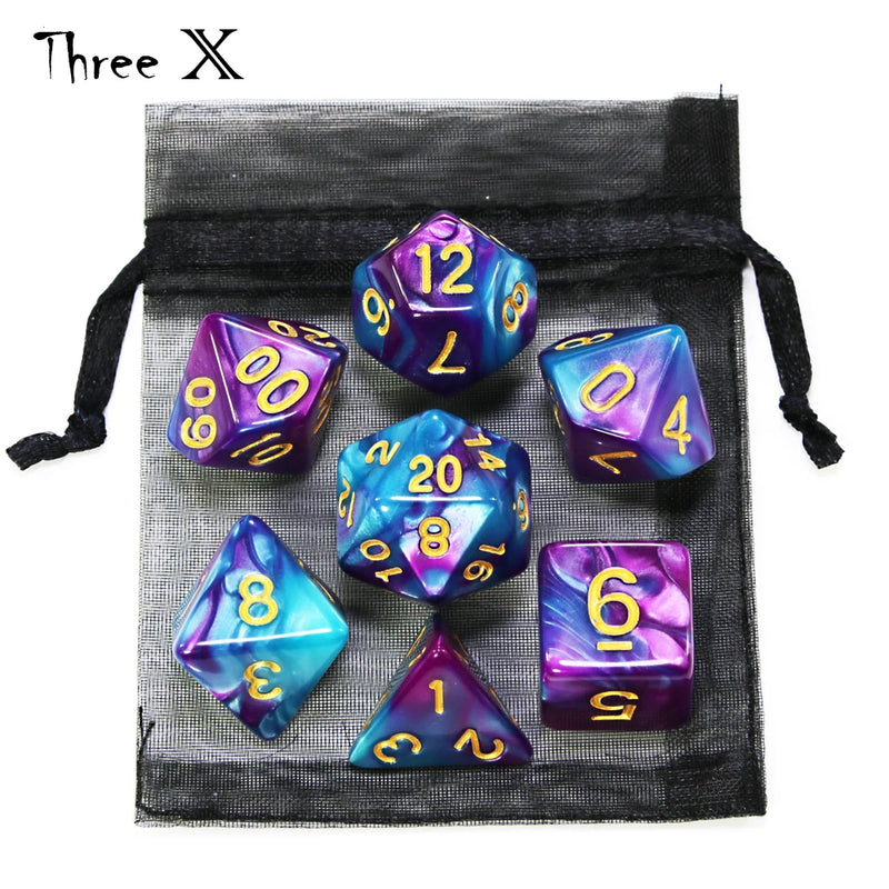 🎲 Double-Color Polyhedral Dice Set with Gold Numbers + Pouch (7pcs)