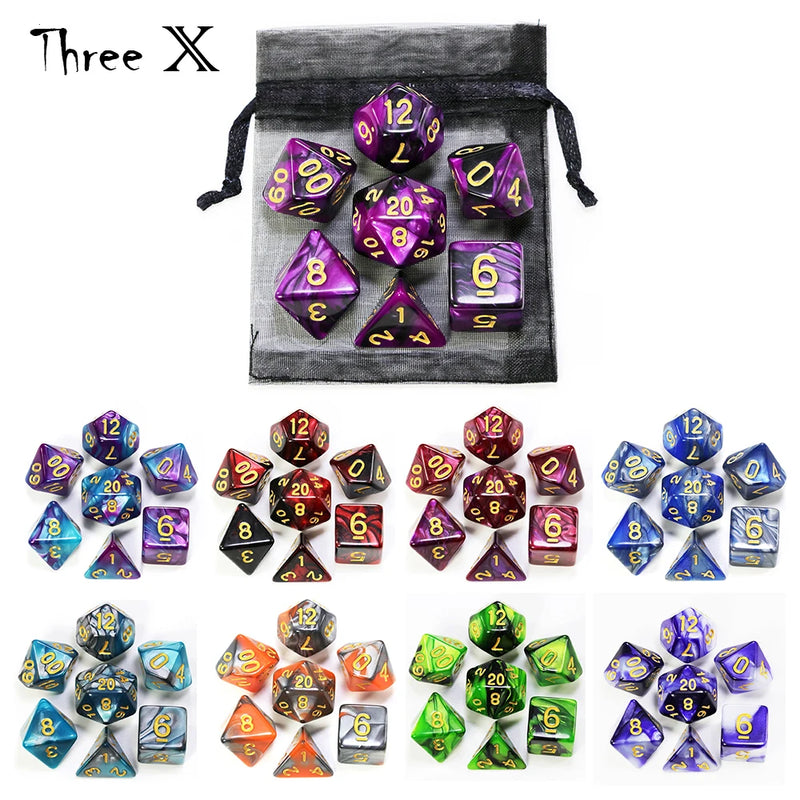 🎲 Double-Color Polyhedral Dice Set with Gold Numbers + Pouch (7pcs)