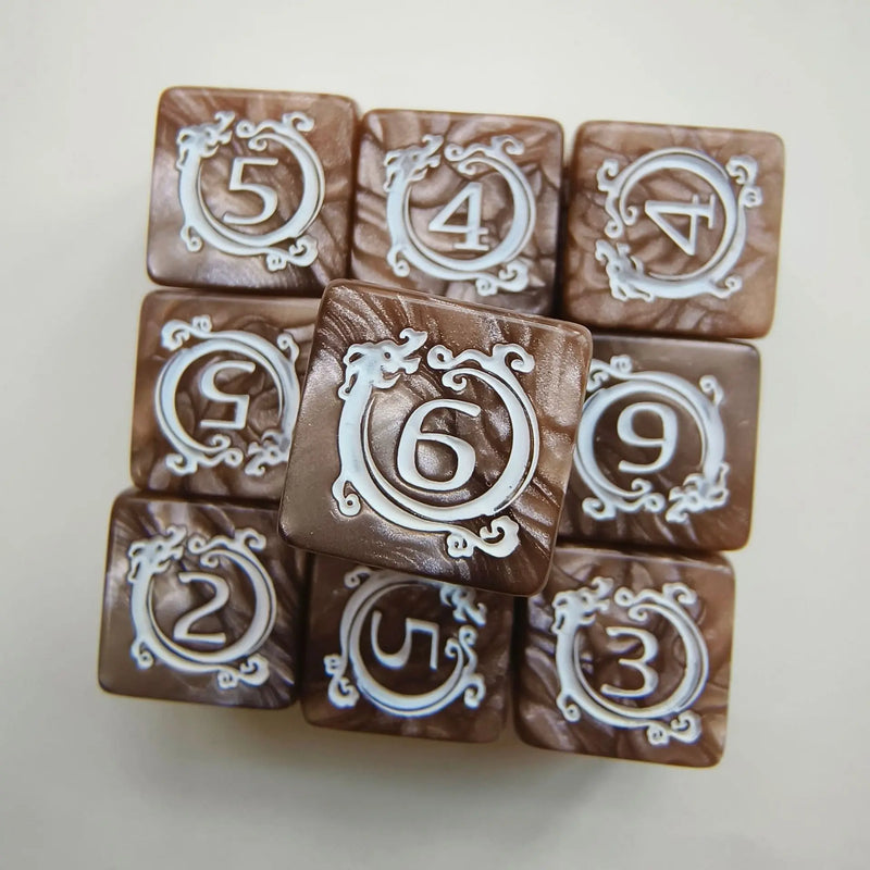 🎲 Dragon Print DND Dice Set – 10pcs Acrylic Pearl Edition (D6)