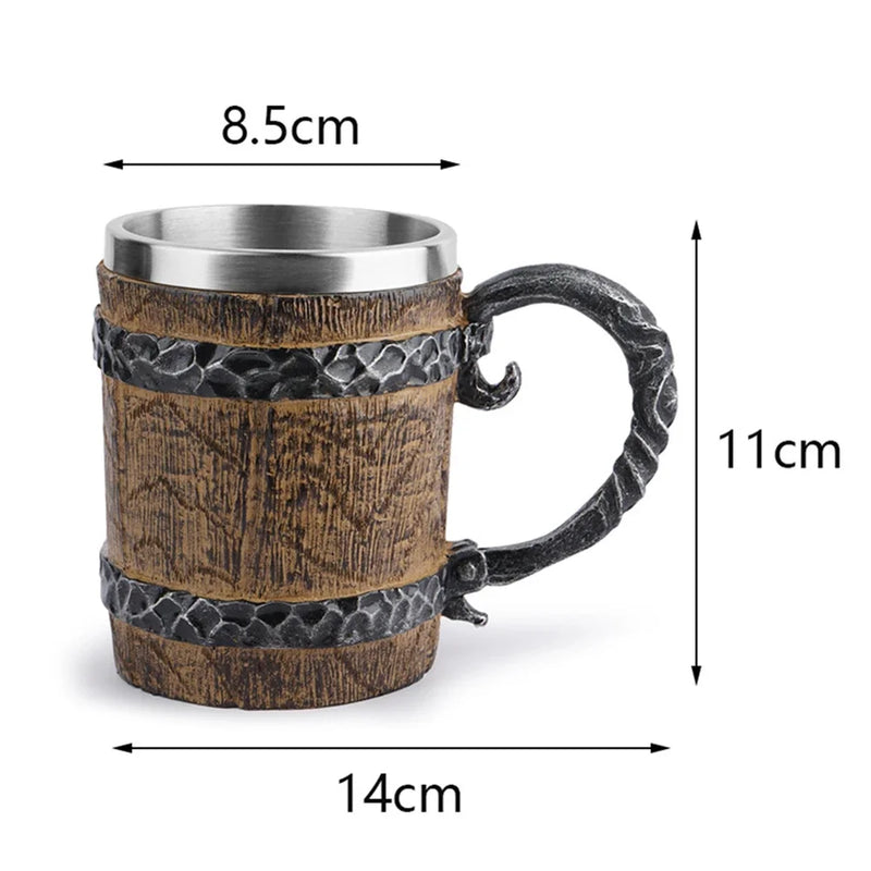 Viking Wood Style Beer Mug – 500ml Double Wall Stainless Steel Insulated Drinking Cup