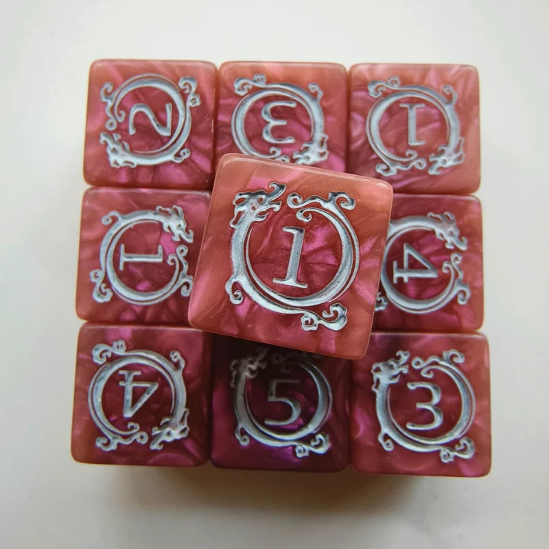 🎲 Dragon Print DND Dice Set – 10pcs Acrylic Pearl Edition (D6)