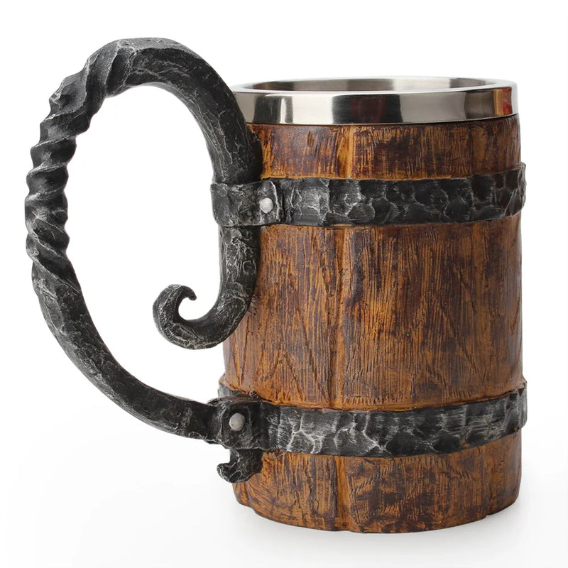 Viking Wood Style Beer Mug – 500ml Double Wall Stainless Steel Insulated Drinking Cup
