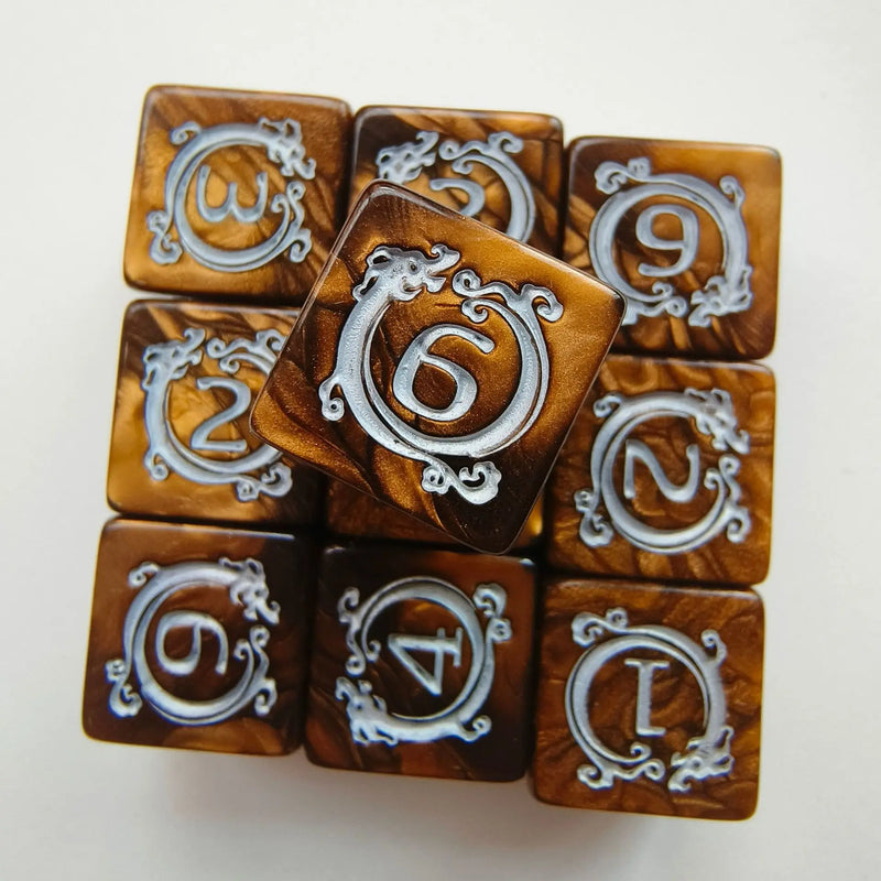 🎲 Dragon Print DND Dice Set – 10pcs Acrylic Pearl Edition (D6)