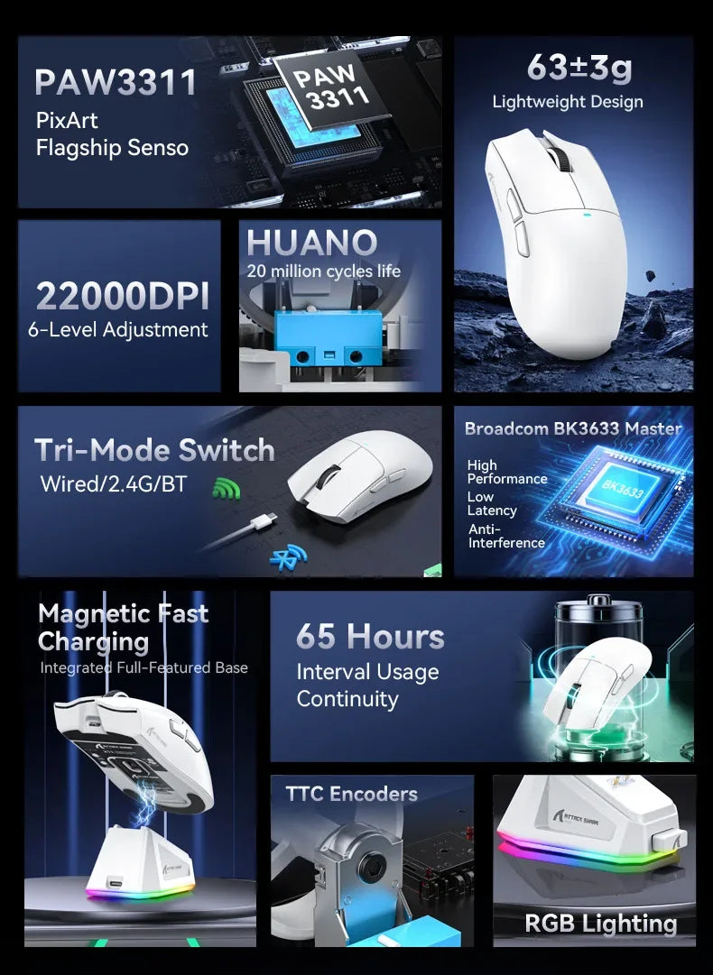 Attack Shark X11 PAW3311 White Bluetooth Mouse, Triple Mode Connectivity, Touch Magnetic Charging Dock, Ultra-Light Gaming Mouse