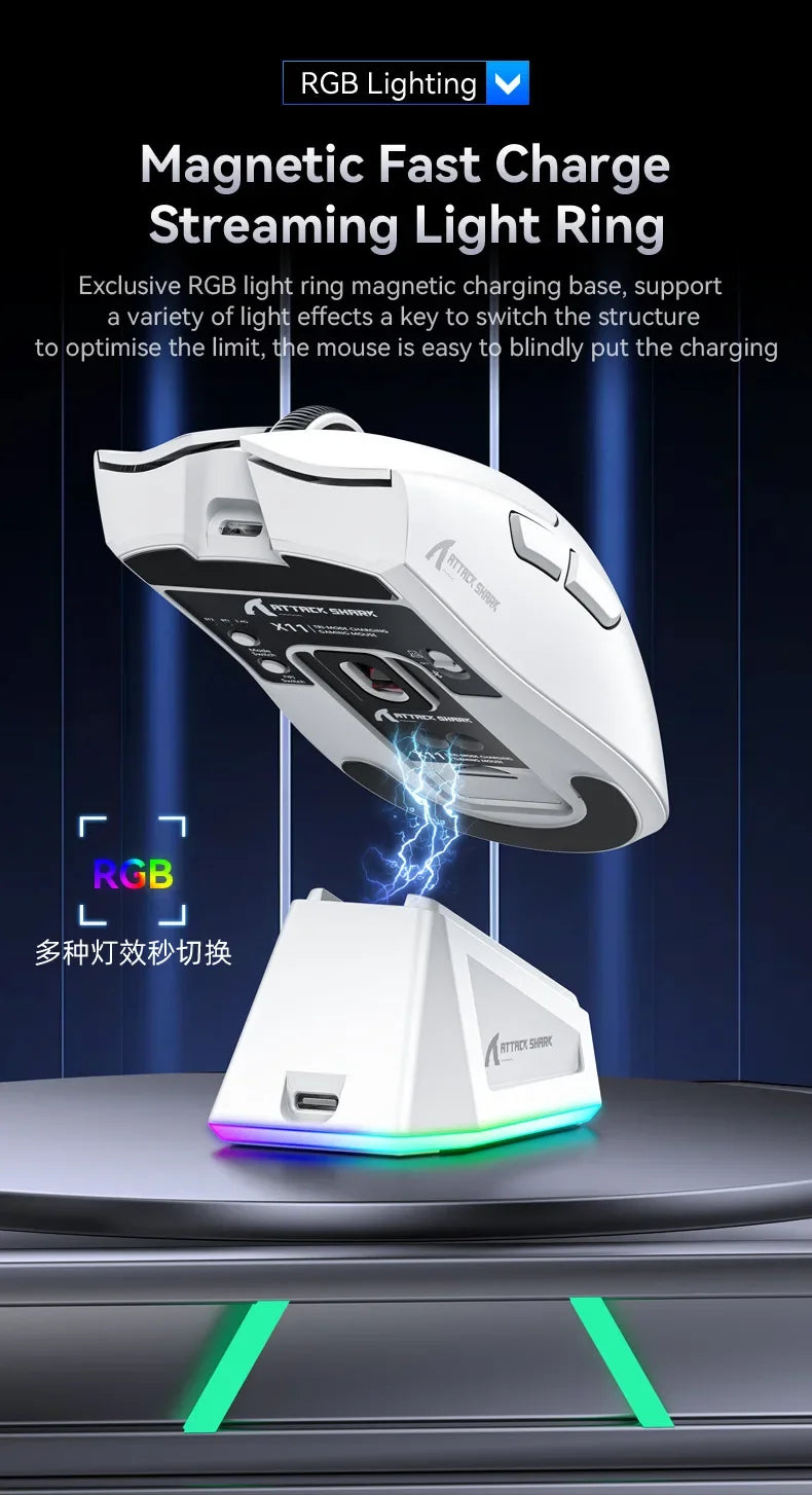 Attack Shark X11 PAW3311 White Bluetooth Mouse, Triple Mode Connectivity, Touch Magnetic Charging Dock, Ultra-Light Gaming Mouse