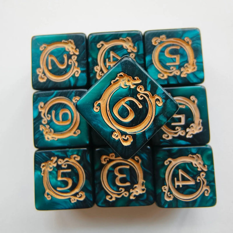 🎲 Dragon Print DND Dice Set – 10pcs Acrylic Pearl Edition (D6)