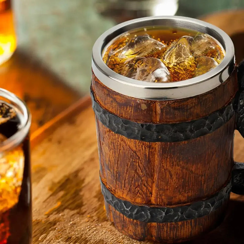 Viking Wood Style Beer Mug – 500ml Double Wall Stainless Steel Insulated Drinking Cup