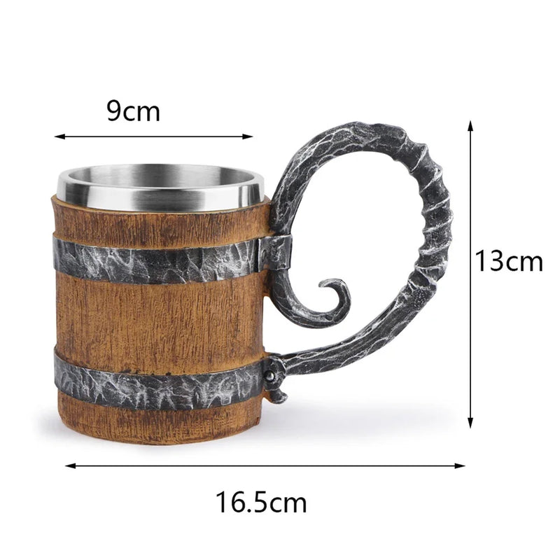 Viking Wood Style Beer Mug – 500ml Double Wall Stainless Steel Insulated Drinking Cup