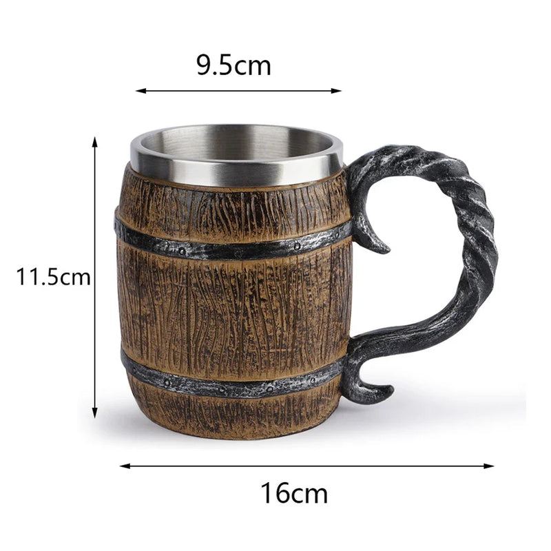 Viking Wood Style Beer Mug – 500ml Double Wall Stainless Steel Insulated Drinking Cup